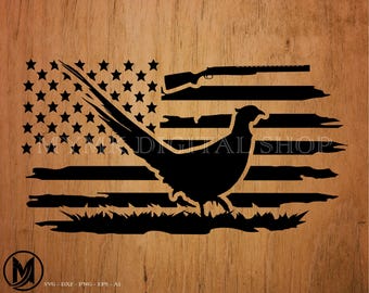 May include: A black silhouette of a pheasant with a shotgun and an American flag in the background. The pheasant is standing on a grassy area. The flag is tattered and has a distressed look.