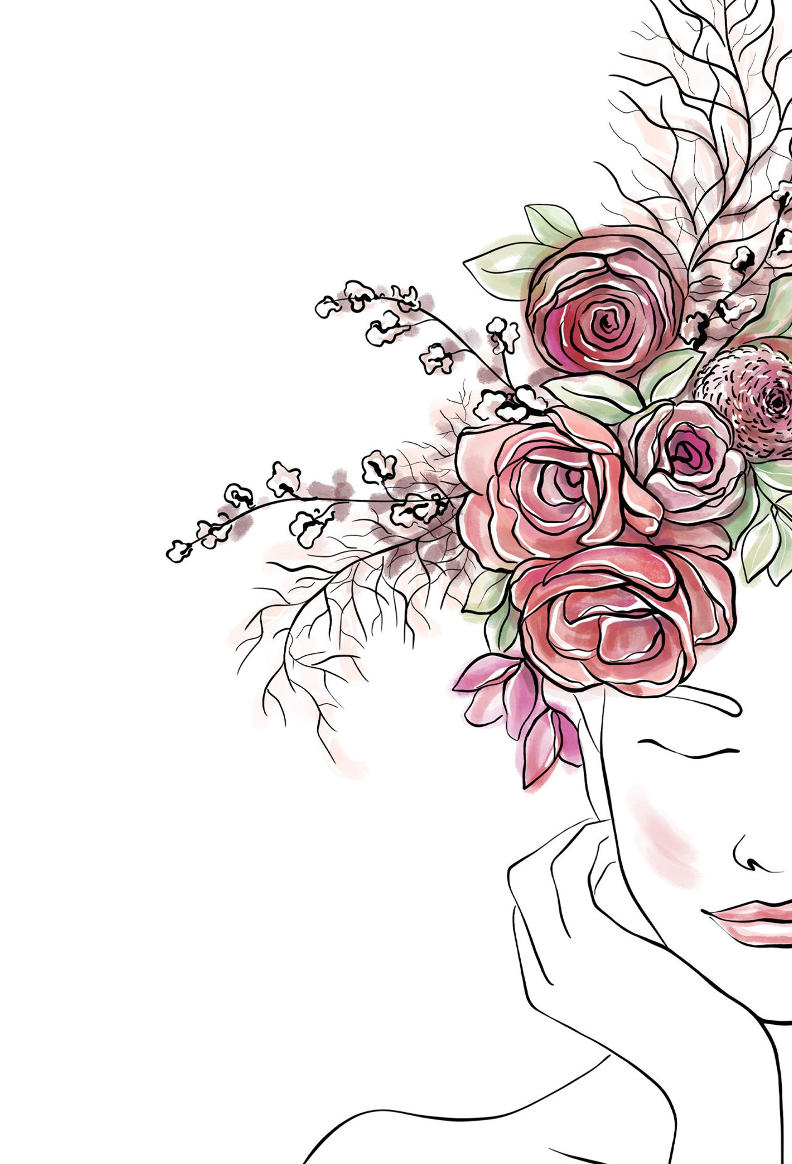 Head Of Flowers Line Art Print Flower Woman Wall Art Etsy