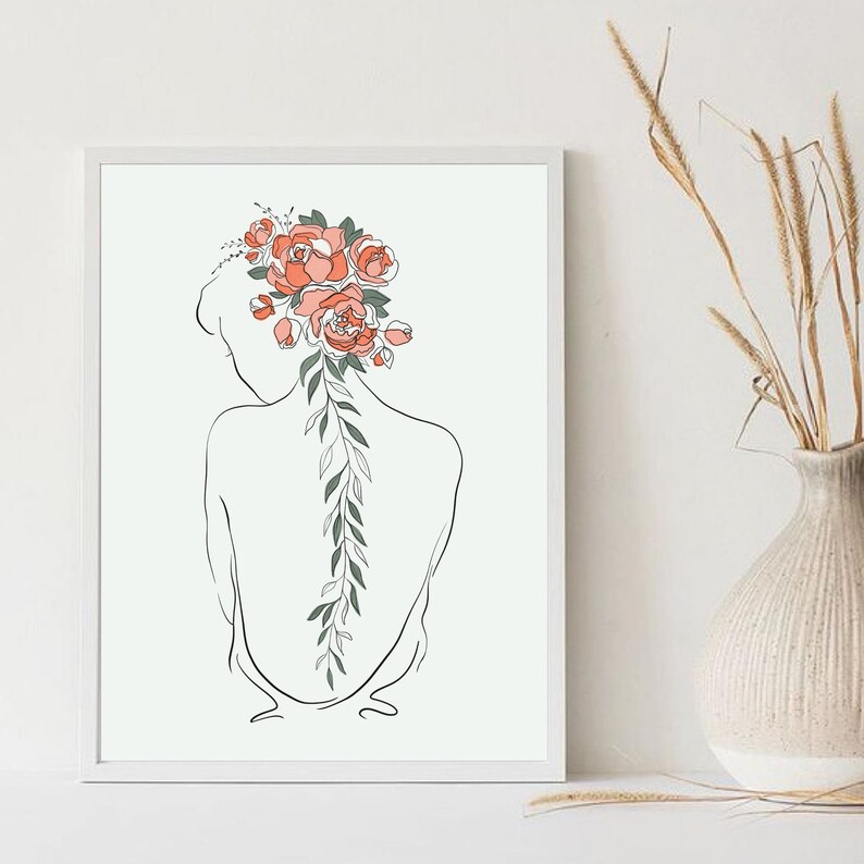 Head of Flowers Art Print Line Art Woman With Flowers Peony Etsy