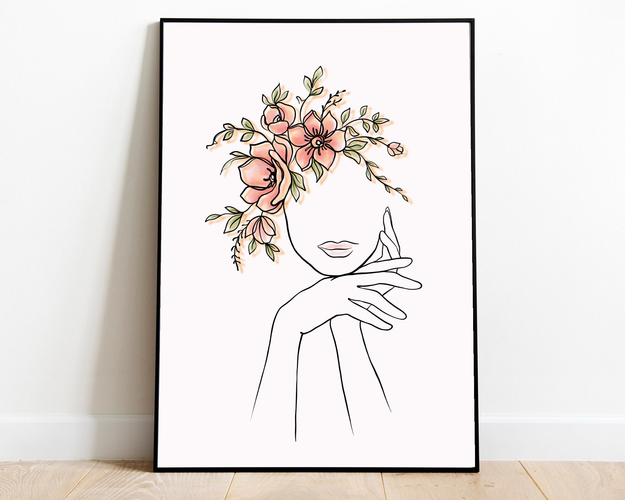 Line Art Frau Blumen Kopf der Blumen Kunstdruck Weibliches Etsy