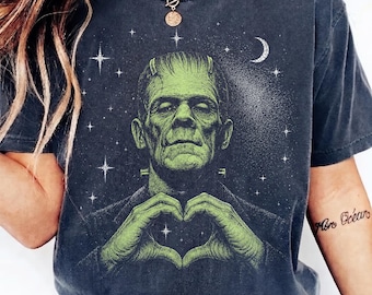 Vintage Frankenstein Heart Hands Shirt, Retro Classic Monster Horror Graphic T-Shirt, Spooky Celestial Gothic Tee, Halloween Comfort Colors