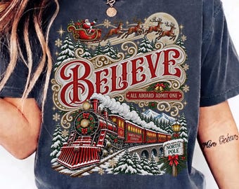 Believe Christmas Shirt, North Pole Express Train, Santa Flying Sleigh Reindeer Tee, Vintage Holiday All Aboard Xmas Gift Shirt