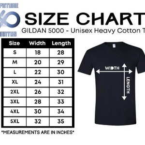 Pode incluir: Tabela de tamanhos para uma camiseta de algod&atilde;o pesado unissex Gildan 5000. A tabela mostra a largura e o comprimento em polegadas para os tamanhos S a 5XL.