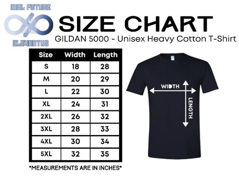 Pode incluir: Tabela de tamanhos para uma camiseta de algod&atilde;o pesado unissex Gildan 5000. A tabela mostra a largura e o comprimento em polegadas para os tamanhos S a 5XL.