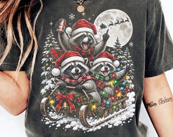 Three Raccoon Moon Christmas Shirt, Vintage Santa Hat Raccoon Tee, Funny Trash Panda Xmas Graphic T-Shirt, Holiday Animal Lover Gift