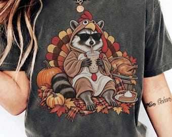 Funny Thanksgiving Raccoon Shirt, Turkey Costume Trash Panda Tee, Autumn Iced Coffee Pumpkin Pie Sweatshirt, Fall Thanksgiving Dinner Gift