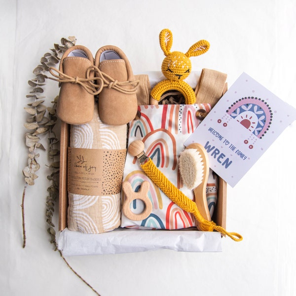 Rainbow Unisex Baby Gift Box, Baby Shower Gift, New Mom Gift, Personalised Baby Gift, Pregnancy Gift, Newborn Gift, Organic Muslin Blanket