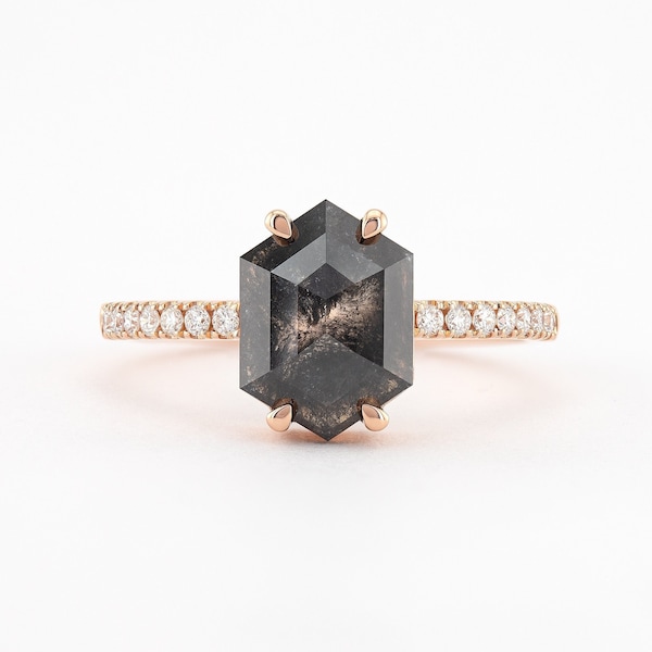 Luxurious Salt and Pepper Diamond Ring for a High-Quality Look Sophisticated Rose Gold Engagement Ring Handcrafted Hexagon Diamond Ring