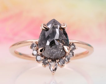 Stand Out with Our One-of-a-Kind Salt and Pepper Pear Diamond Ring Unique ring with eagle prongs Natural salt and pepper pear diamond ring