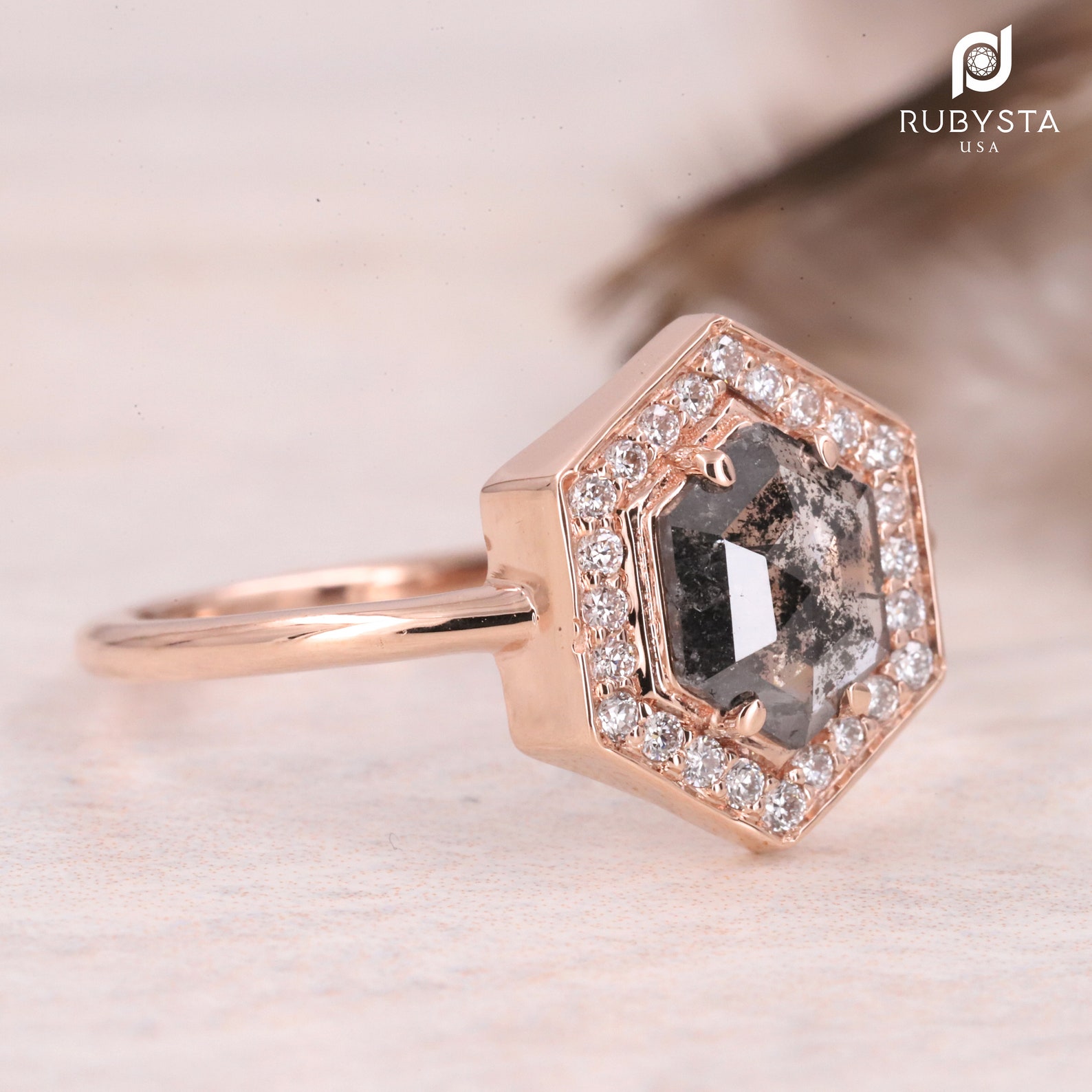 14k Salt and Pepper Diamond Ring Hexagon Diamond Ring Salt Etsy