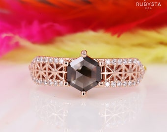 Salt and Pepper diamond Ring|Salt and pepper Ring|Hexagon Diamond Ring|Salt and pepper engagement ring| Hexagon ring| 14k Solid Gold Ring