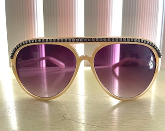 Vintage Aviator Sunglasses with Rhinestones and Purple Lenses 1980s Retro Glasses