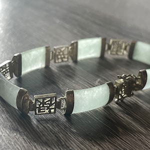 Vintage Jade and Sterling Silver Chinese Good Fortune Bracelet