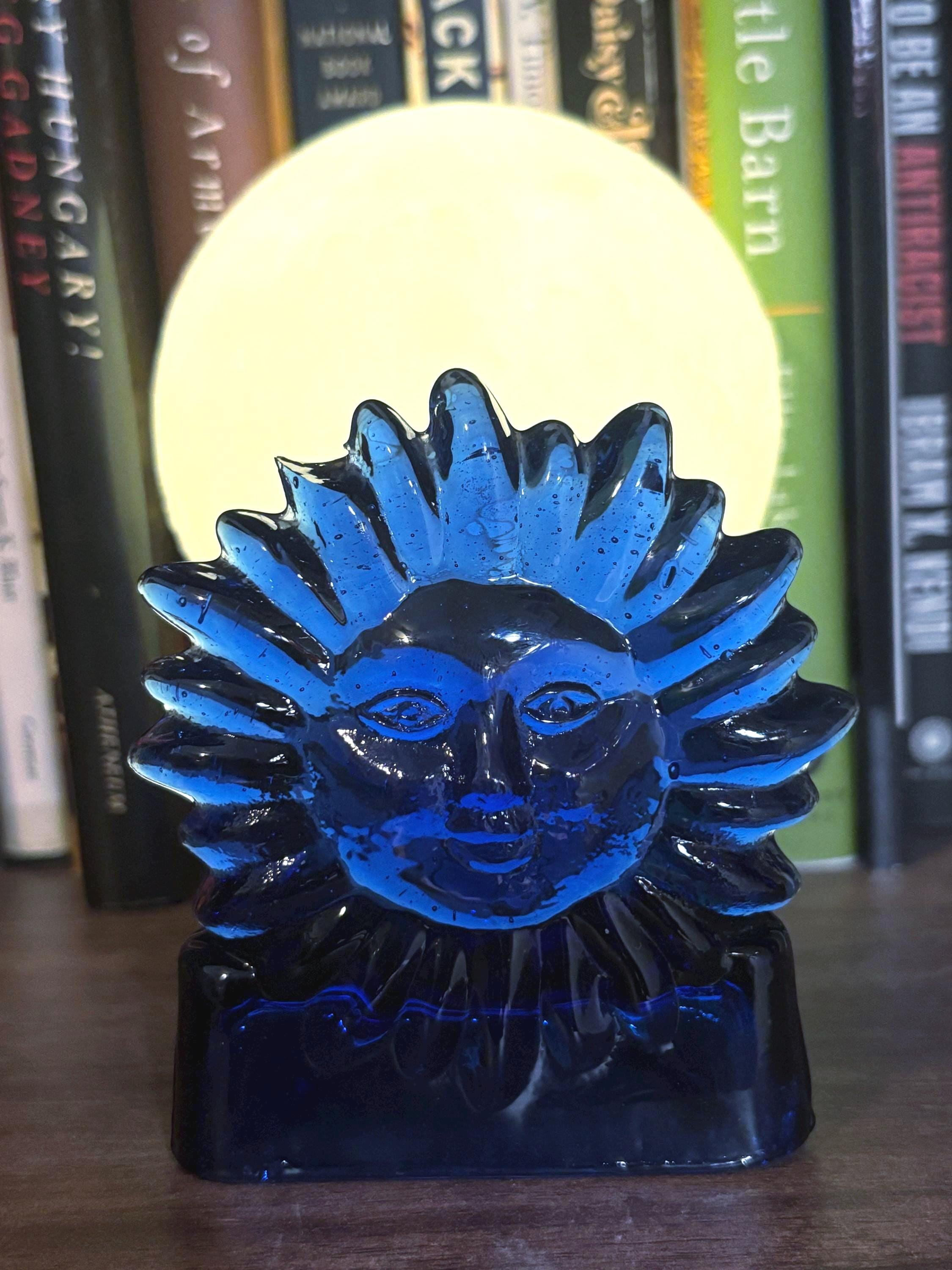 Vintage 90s Celestial Sun Tealight Candleholder Cobalt Blue Glass