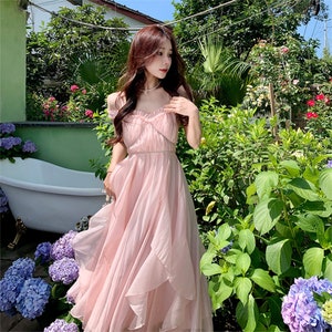 Women Summer Fairy Dress, Pink Slip Dress, Cottagecore Dress, Prom ...