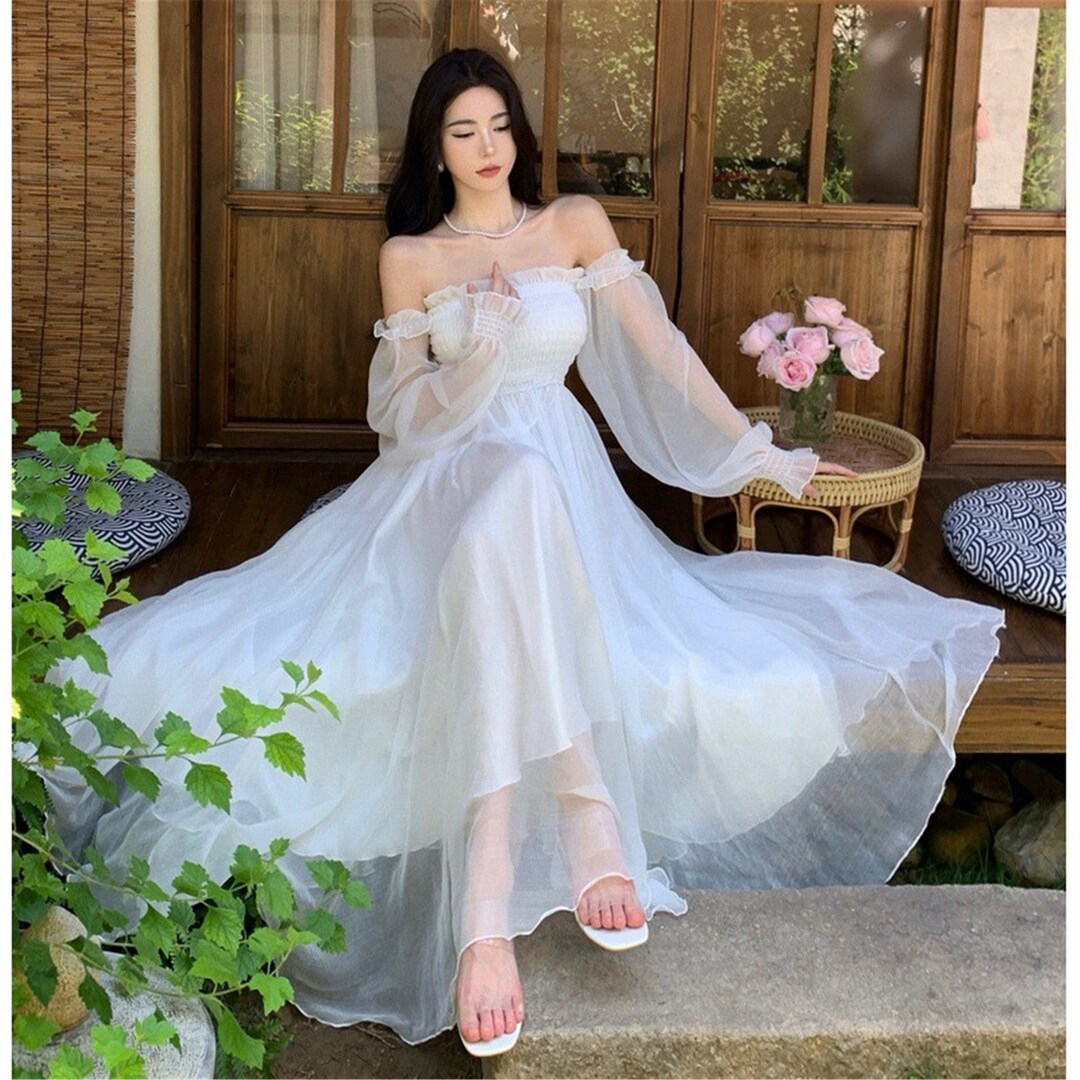 White Fairy Dress,long Sleeve Dress, off Shoulder Dress, Swing Dress
