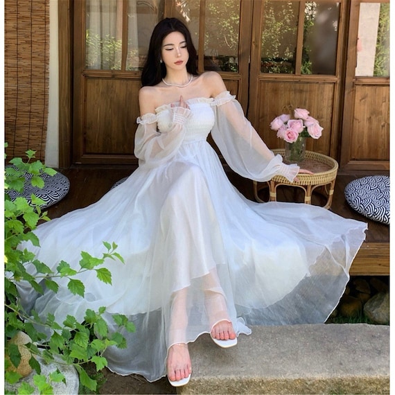 Long white off the shoulder shop dress