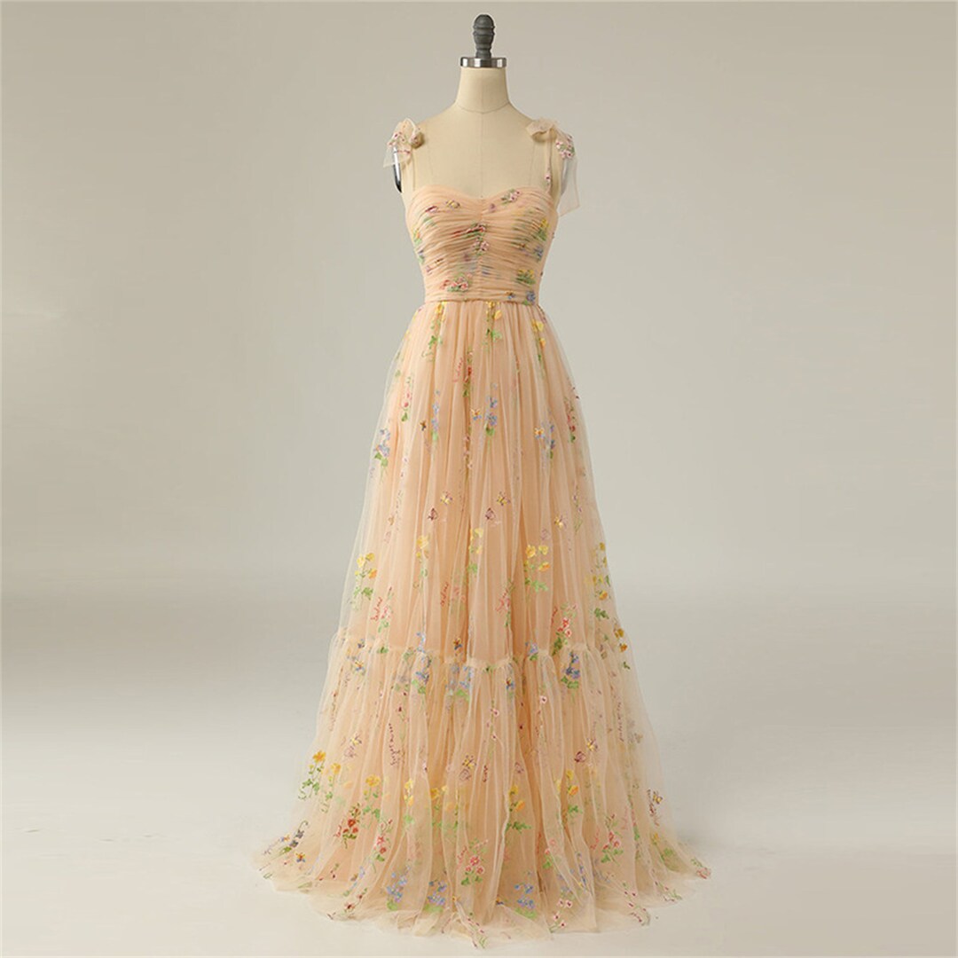Champagne Floral Embroidered Tulle Slip Dress Maxi, Cottagetore Prom