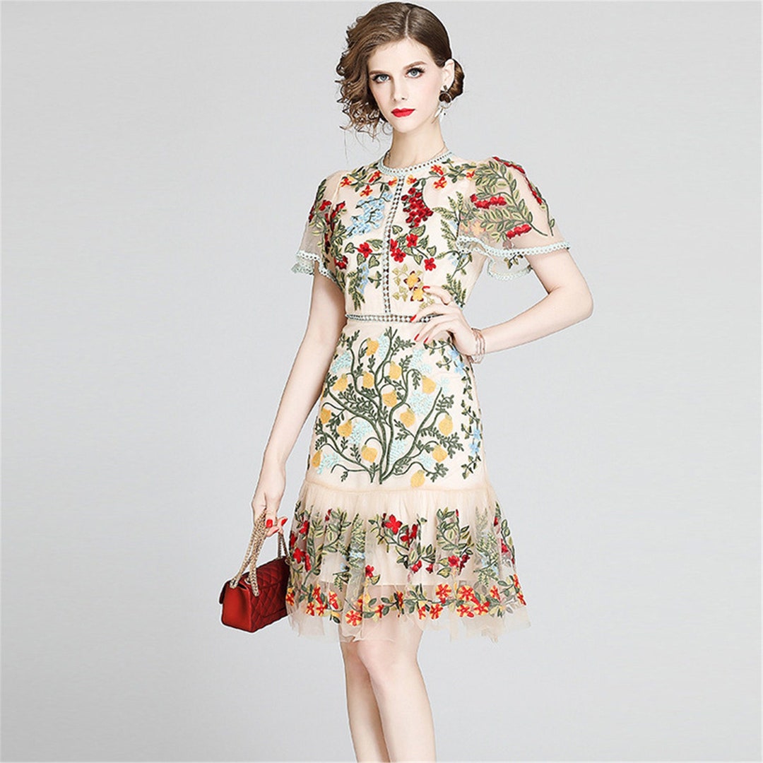 Embroidered Flower Dress Floral Dress Tulle Dress Women - Etsy
