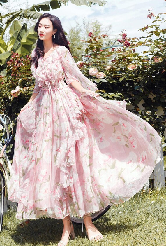 Pink Floral Flower Dress French Vintage Dress Chiffon Dress Etsy