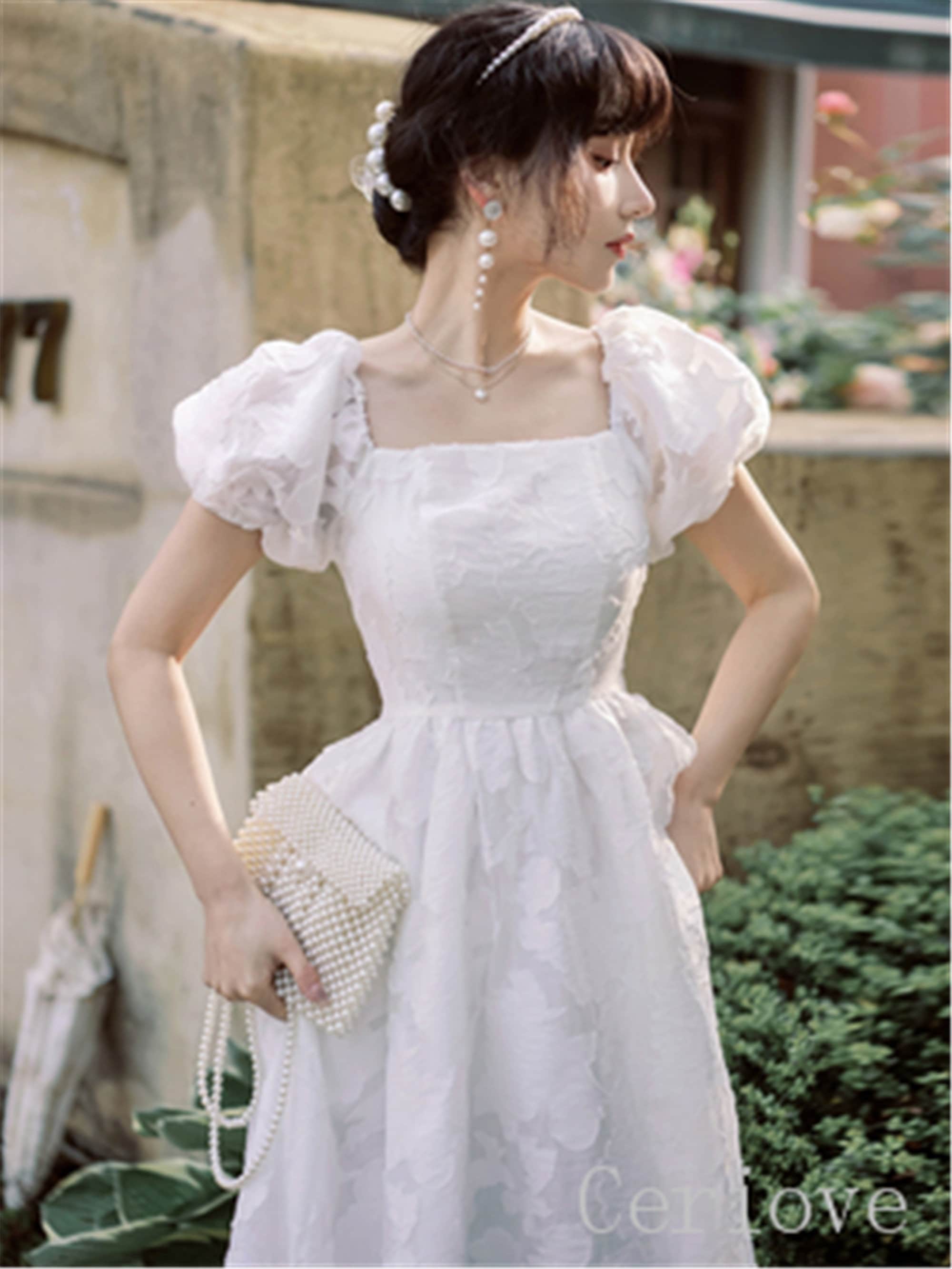 White Lace Puff Sleeve Dress Square Neck Midi Dress Fairy - Etsy UK