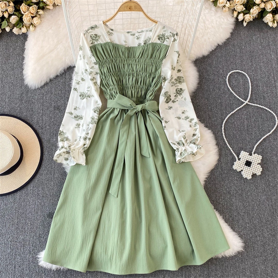 Vintage Floral Long Sleeve Dress, Cottagetore Prom Dress, French Retro ...