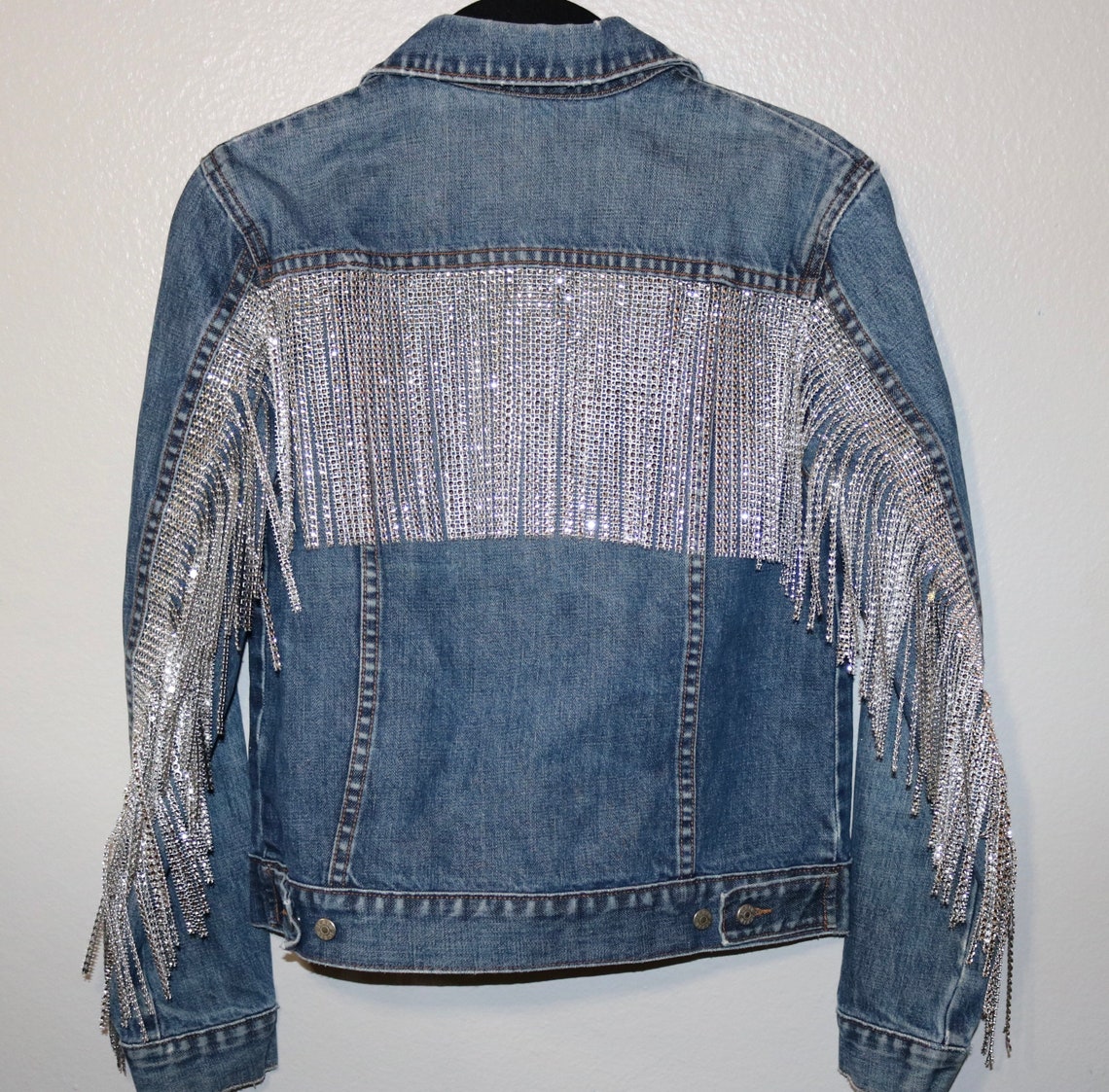 Rhinestone Fringe Jean Jacket XS Etsy