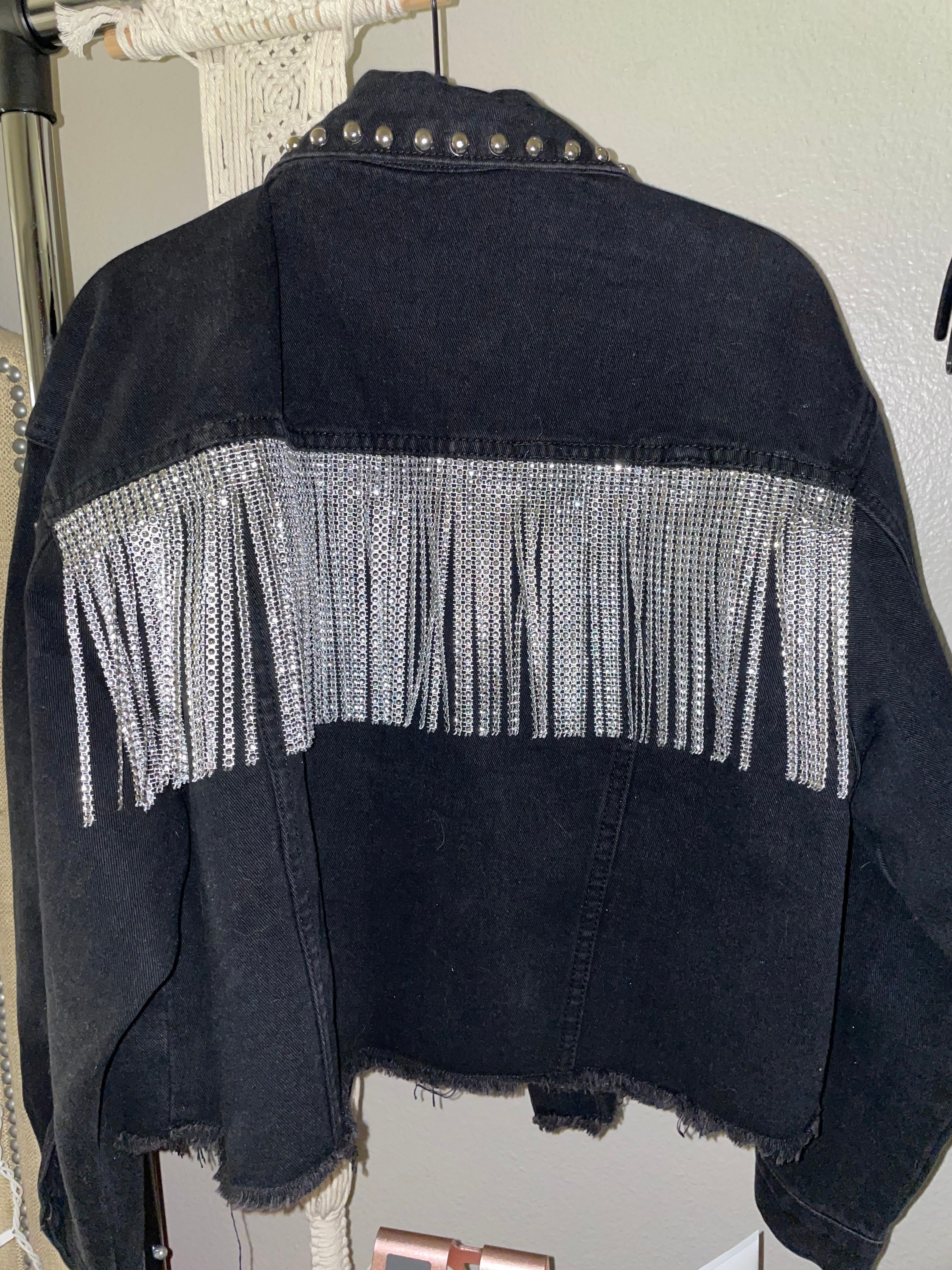 Rhinestone Fringe Jean Jacket S Etsy