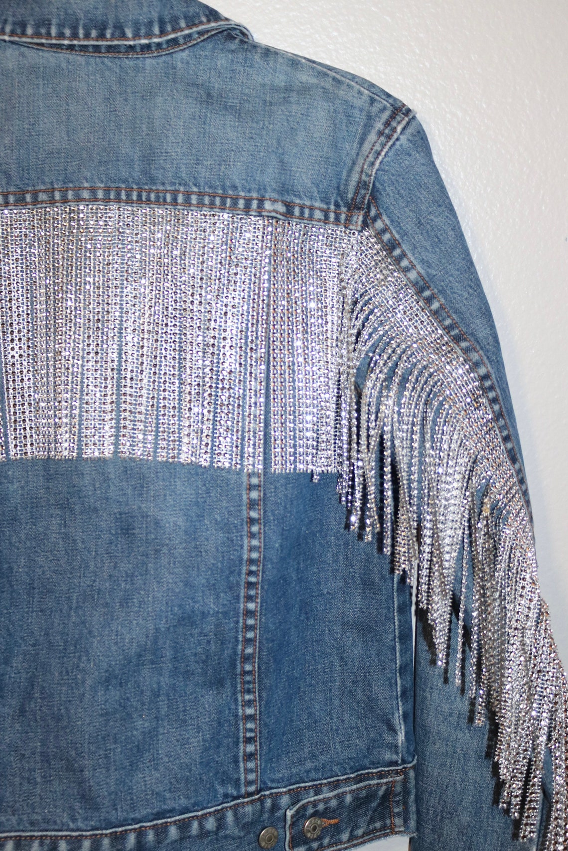 Rhinestone Fringe Jean Jacket XS Etsy