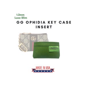 May include: A green felt key case insert with the text "GREENTAG INSERTS" and the text "GG OPHIDIA KEY CASE INSERT". The image also shows a Gucci Ophidia key case. The text "MADE IN USA" is also visible.