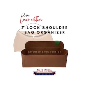 May include: A brown felt bag organizer with the text "EXTENDED BACK VERSION" and "MADE IN USA" printed on it. The organizer is designed to fit inside a T-Lock shoulder bag.
