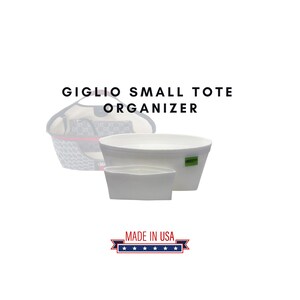 May include: White tote organizer with a smaller insert, labeled "GIGLIO SMALL TOTE ORGANIZER." The image includes a faded outline of a tote bag. The words "MADE IN USA" are displayed on a banner.