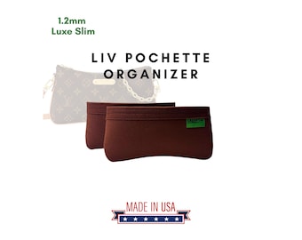 May include: Brown felt handbag organiser with the text "LIV POCHETTE ORGANIZER" and "MADE IN USA" with five stars. The organiser is 1.2mm Luxe Slim.