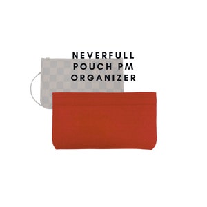 May include: A red felt Neverfull Pouch PM Organizer for a Louis Vuitton handbag. The organizer is shown on top of a white and grey checkered Neverfull PM handbag.