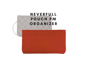 May include: A red felt Neverfull Pouch PM Organizer for a Louis Vuitton handbag. The organizer is shown on top of a white and grey checkered Neverfull PM handbag.