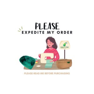 May include: Illustration of a woman sewing with a sewing machine. The text reads "PLEASE EXPEDITE MY ORDER" and "PLEASE READ ME BEFORE PURCHASING". A green organizer and a brown organizer are also shown.