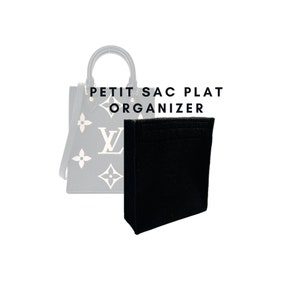 May include: Black felt organizer for a Louis Vuitton "Petit Sac Plat" handbag. The organizer has a rectangular shape and is designed to fit inside the bag to help keep it organized.