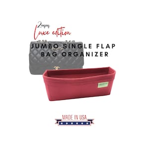 May include: A red bag organizer with the text "JUMBO SINGLE FLAP BAG ORGANIZER" and "2mm Luxe edition". The organizer is shown next to a black quilted handbag. The text "MADE IN USA" is also visible.
