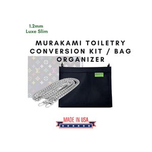 May include: A black toiletry bag organizer with a green label that says "CREENTAG". The bag is shown with a silver chain strap and a white and black patterned bag. The text "MURAKAMI TOILETRY CONVERSION KIT / BAG ORGANIZER" is displayed above the image. The text "MADE IN USA" is displayed below the image with five stars.