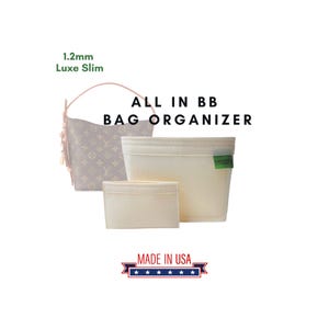 May include: A beige felt bag organizer with the text "ALL IN BB BAG ORGANIZER" and a green label that says "ORGANIZER". The organizer is shown inside a brown and beige patterned handbag. The text "MADE IN USA" is below the organizer with five stars.