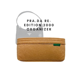 May include: A tan felt bag organiser with a green "GreenTag" label. The organiser is designed to fit inside a Prada Re-Edition 2000 bag.