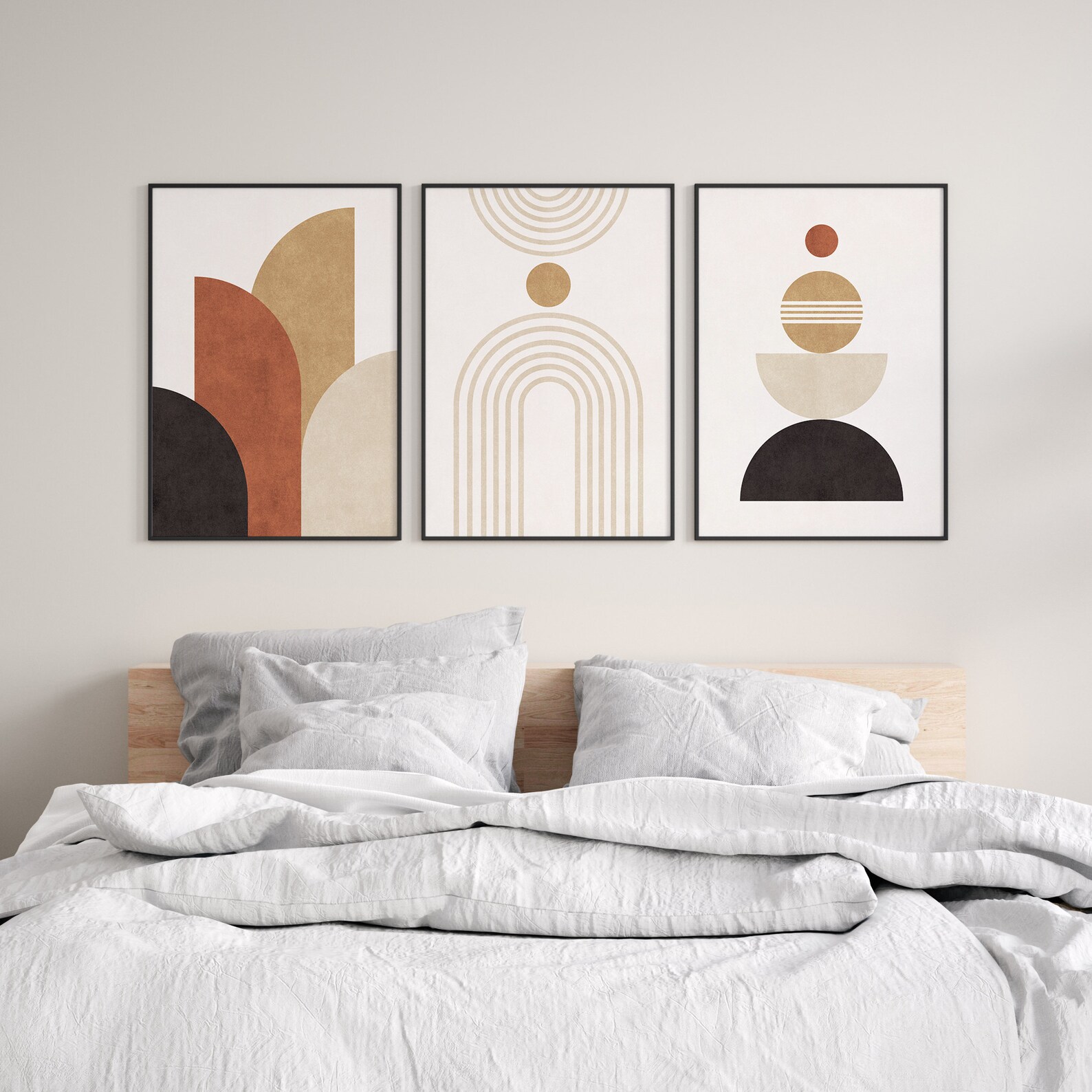 Mid Century Modern Art Set of 3 Neutral Abstract Geometric Etsy