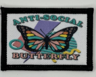 Anti Social Butterfly Fancy Patch, Removable 2" x 3" Hook Backing Patch, Morale Patch