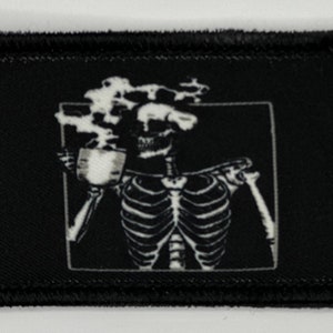 Skeleton Drinking Coffee Fancy Patch, Removable 2" x 3" Hook Backing Patch, Morale Patch