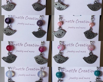 Bird Charm Earrings with Gemstone, Glass, and Rose Beads