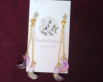 Purple and Gold Hanging Moon Earrings