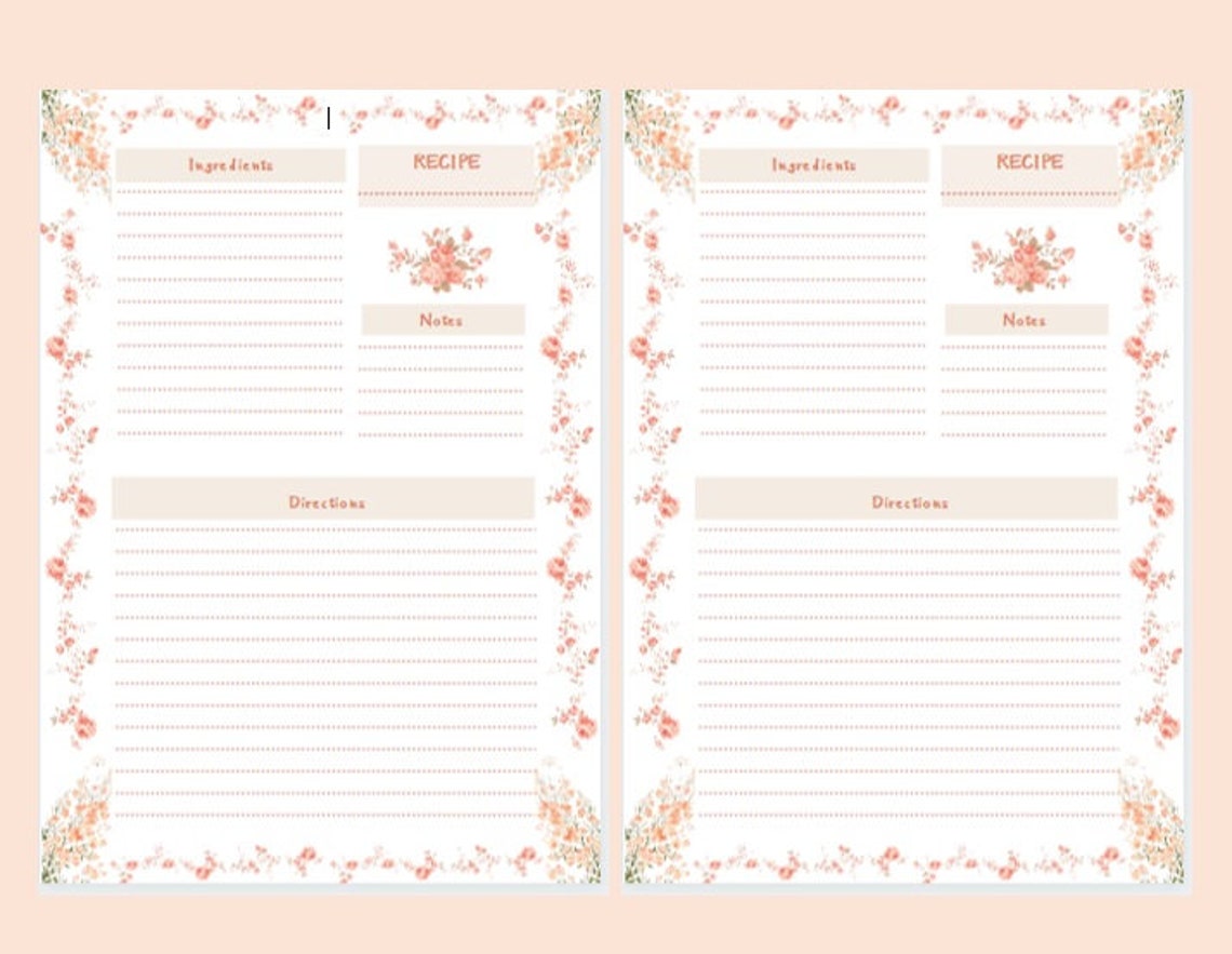 Printable floral recipe pages / printable floral journal pages Etsy