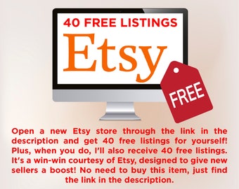 Etsy 40 Free Listings: Start Your New Store with 40 Free Etsy Listings! No need to purchase this item. Find Link in Description to redeem.