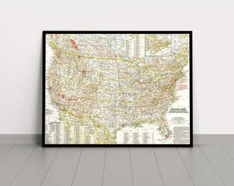 Vintage nationale parken kaart afdrukken | Nationale parken Vintage kaart poster | Antieke Nationaal Park poster | VS kaart kunst aan de muur | Cadeau | Huisdecoratie
