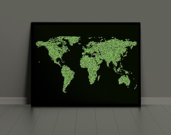 Binary Digits World Map Print | Map Of The World Poster | World Map Wall Art | Map Of The World Home Decor Gift